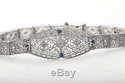 Antique 1920s Platinum 14k White Gold Blue Sapphire Diamond Filigree Bracelet