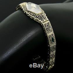 Antique Art Deco 14k White Gold Camphor Glass Diamond Emerald Filigree Bracelet
