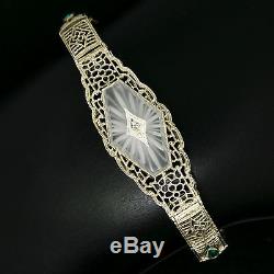 Antique Art Deco 14k White Gold Camphor Glass Diamond Emerald Filigree Bracelet