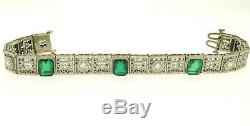 Antique Art Deco 14k White Gold Platinum Top Emerald & Diamond Filigree Bracelet