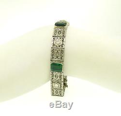 Antique Art Deco 14k White Gold Platinum Top Emerald & Diamond Filigree Bracelet