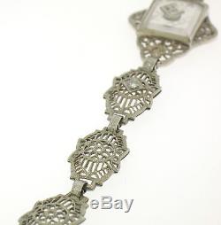 Antique Art Deco Filigree 14k White Gold Camphor Glass Crystal Diamond Bracelet