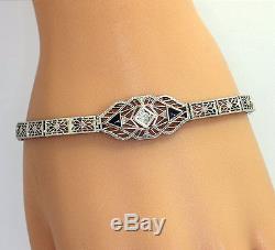 Antique diamond sapphire bracelet 14K white gold filigree Euro cut trillion. 50C