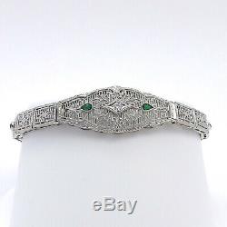 Art Deco 14k White Gold Emerald Diamond Filigree Bracelet 6.5