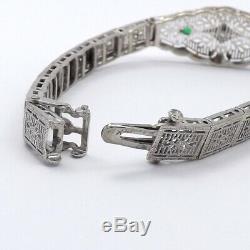 Art Deco 14k White Gold Emerald Diamond Filigree Bracelet 6.5