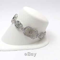 Art Deco 14k White Gold Infinity Link Diamond Camphor Glass Filigree Bracelet
