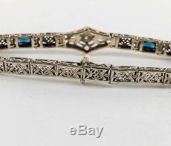 Art Deco Filigree 14k White Gold Diamond & Sapphire Bracelet