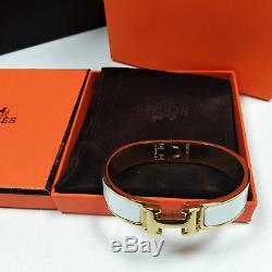 Authentic HERMES Classic Enamel Bracelet 18K Gold Clic Clac H Bangle White PM