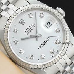 Authentic Mens Rolex Datejust 16234 Silver Diamond 18k White Gold & Steel Watch