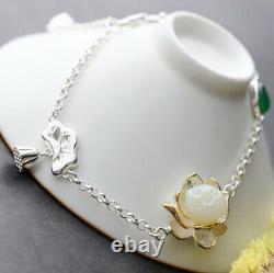 B06 Bracelet Lotus Flower White Hetian Jade Gold Leaves Sterling Silver 925