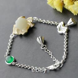 B06 Bracelet Lotus Flower White Hetian Jade Gold Leaves Sterling Silver 925