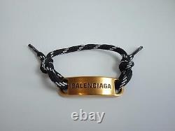 BALENCIAGA Men's Black & White Brass Gold-Tone Engraved Plate Bracelet OS NEW