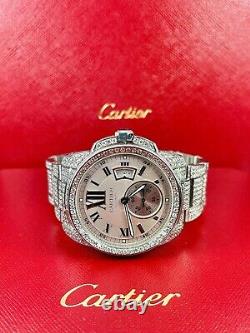 Cartier Calibre Men's Steel Watch 42mm Iced Out 13ct Genuine Diamonds Ref 3389