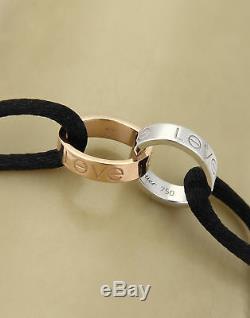 Cartier Love 18k White & Rose Gold 2 Mini Ring Charm Black Cord Bracelet