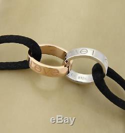 Cartier Love 18k White & Rose Gold 2 Mini Ring Charm Black Cord Bracelet