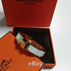Classic HERMES Enamel Bracelet PM 18K Gold Clic Clac H Bangle White