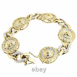 Diamond Lion Head & Miami Cuban Link Bracelet 10K Yellow Gold 3D Design 1.26 Tcw