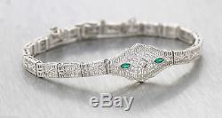 Elegant Ladies Antique Art Deco 14K White Gold Filigree Emerald Diamond Bracelet