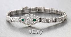 Elegant Ladies Antique Art Deco 14K White Gold Filigree Emerald Diamond Bracelet