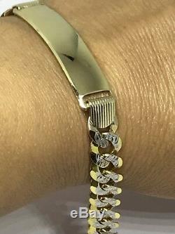GOLD 14k mens id bracelet cuban link Yellow White Diamond Cut 8 inch 12.6g 10mm