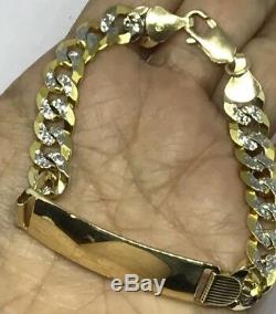 GOLD 14k mens id bracelet cuban link Yellow White Diamond Cut 8 inch 12.6g 10mm