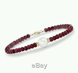 Genuine 15ct Ruby and white freshwater pearl solid 14k gold bracelet