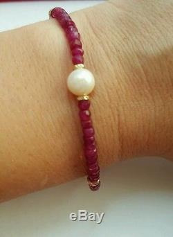 Genuine 15ct Ruby and white freshwater pearl solid 14k gold bracelet