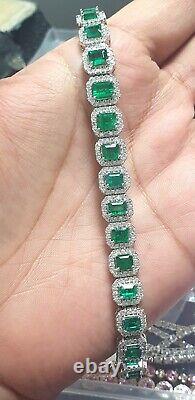 Green Emerald and Diamond Halo Bracelet 12.50 Ct Crafted In 18K White Gold