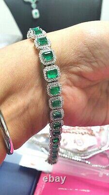 Green Emerald and Diamond Halo Bracelet 12.50 Ct Crafted In 18K White Gold