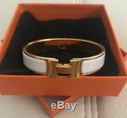 HERMES CLIC H WHITE BRACELET With GOLD H, GREAT CONDITION! With BOX AND DUST BAG