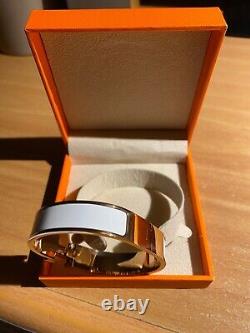 HERMES Clic Clac H Bangle Bracelet White Enamel Gold Metal with Box