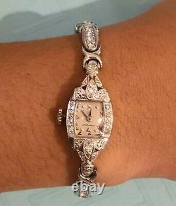 Hamilton 14k Solid White Gold & Diamond Cocktail Watch Vintage Stainless Band