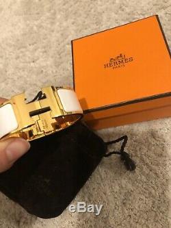 Hermes £560 White Enamel Gold Plated Large H CLIC Clac Bracelet 100% Auth