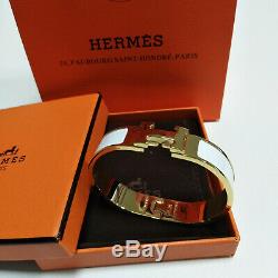 Hermes Enamel Bracelet Tone Brass Clic Clac H Classic Bangle white PM 18K Gold