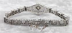 Ladies Art Deco 1920s Estate 10K White Gold Diamond Filigree Floral Bracelet