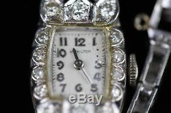 Ladies Hamilton 14K Solid White Gold Diamond Deco Cocktail Tennis Bracelet Watch