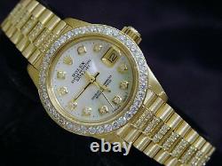 Ladies Rolex 18K Yellow Gold Datejust President Diamond Bezel Band MOP Dial 6917