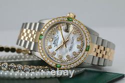 Ladies Rolex 31mm Datejust 2 Tone White MOP String Emerald Diamond Dial