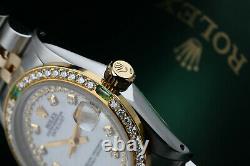 Ladies Rolex 31mm Datejust 2 Tone White MOP String Emerald Diamond Dial