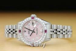 Ladies Rolex Datejust Pink Dial Ruby Diamond 18k White Gold & Steel Watch