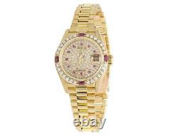 Ladies Rolex President Datejust 18K Yellow Gold 69178 Ruby Diamond Watch 3.85 Ct