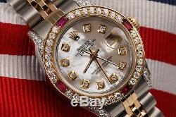 Ladies Rolex SS & 18K Gold 26mm Datejust Watch White MOP Ruby Diamond Bezel