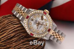 Ladies Rolex SS & 18K Gold 26mm Datejust Watch White MOP Ruby Diamond Bezel