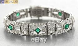 Ladies Vintage Art Deco 18K White Gold 4.38ctw Diamond Emerald Bracelet