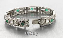Ladies Vintage Art Deco 18K White Gold 4.38ctw Diamond Emerald Bracelet