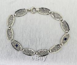 Lavish Ladies Antique Art Deco 14K White Gold Sapphire Diamond Filigree Bracelet