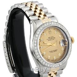 Mens 36mm Rolex DateJust Diamond Watch 18K Two Tone Jubilee Champagne Dial 2 CT