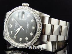 Mens Rolex 36MM Datejust Oyster Stainless Steel Black Dial Diamond Watch 2.15 Ct