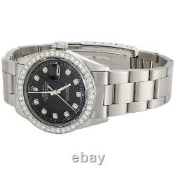 Mens Rolex 36mm DateJust 16014 Diamond Watch Oyster Band Glossy Black Dial 2 CT
