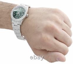 Mens Rolex 36mm DateJust Diamond Watch Fully lced Band Green Roman Dial 5 CT